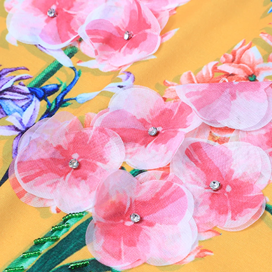 Wholesale Women's Tops Summer Fashion Runway New Yellow Orchids Printed Beaded Crystal Designer T-Shirts Casual Tshirt | Женская