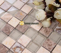 square clear glass mixed beige color stone marble mosaic tile for bathroom shower tiles kitchen backsplash wall tiles hmee014