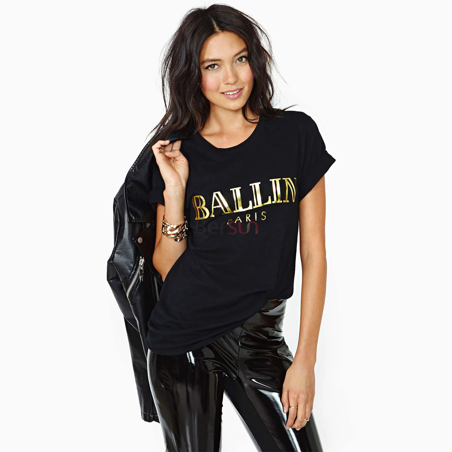 Bersun 2015 Summer Fashion Women T Shirt Letter BALLIN Bronzing Print Tops Tee Black O-neck Volumes Sleeve T-shirt | Женская одежда