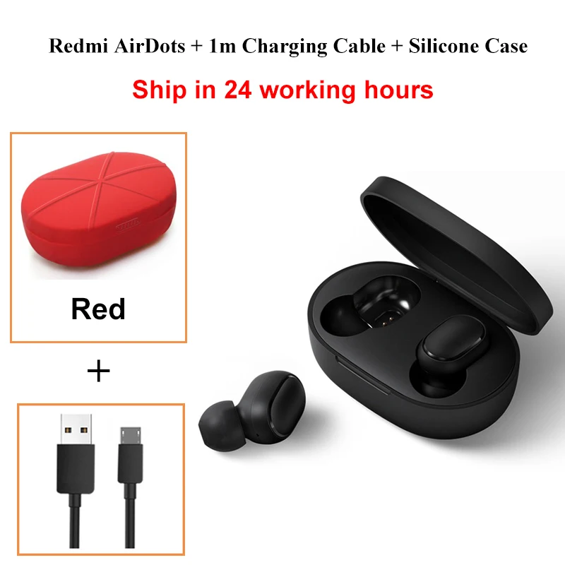 Add Cable n Case RD Оригинальные беспроводные наушники Xiaomi Redmi AirDots, Bluetooth 5,0, DSP, активная гарнитура с шумоподавлением TWSEJ04LS 4,1g - Цвет: Add Cable n Case RD