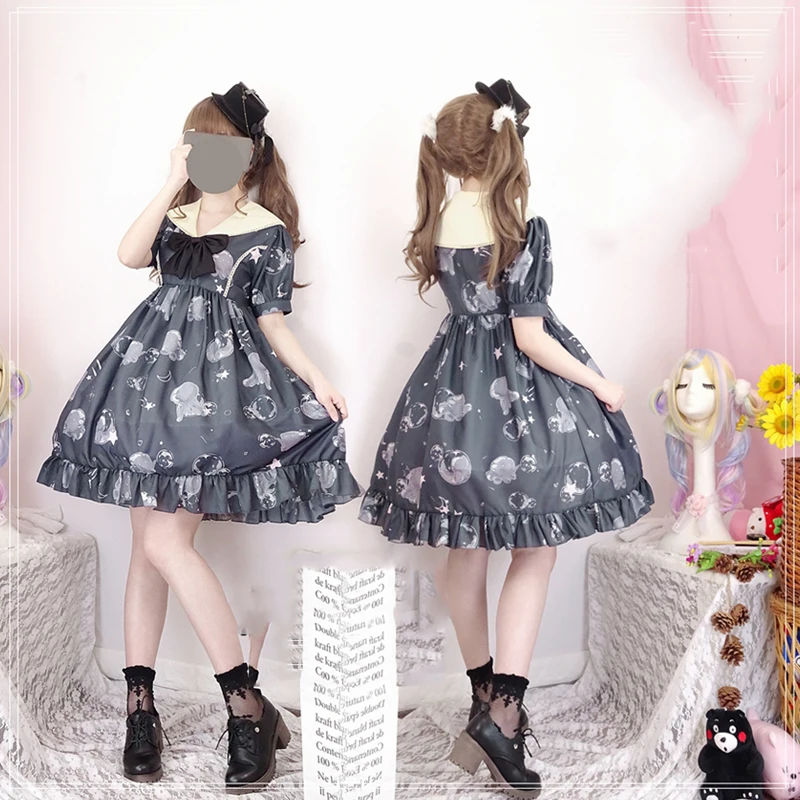 Kawaii Медузы принт женское летнее платье 2020 Лолита шифоновые платья с буфами на