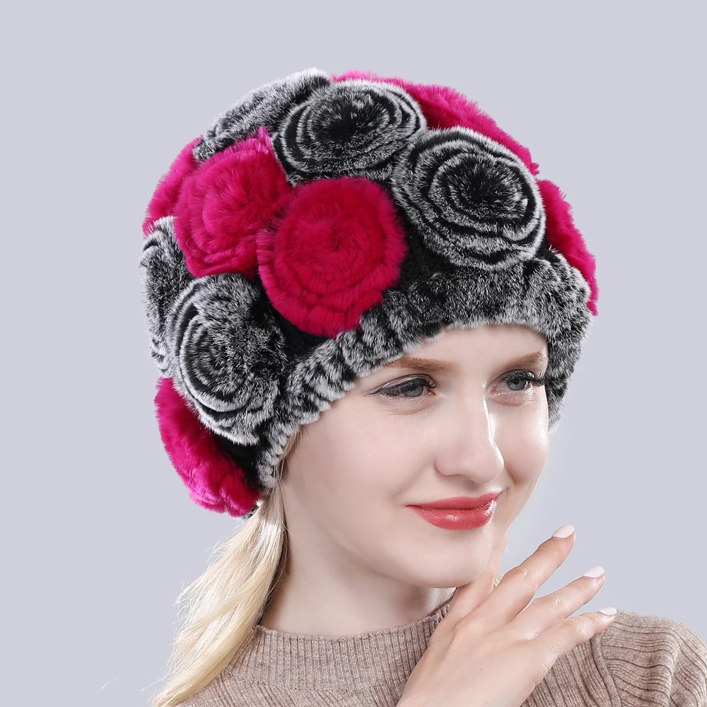 Русские женщины цветочный Настоящий мех кролика шапка зимняя теплая для девочек