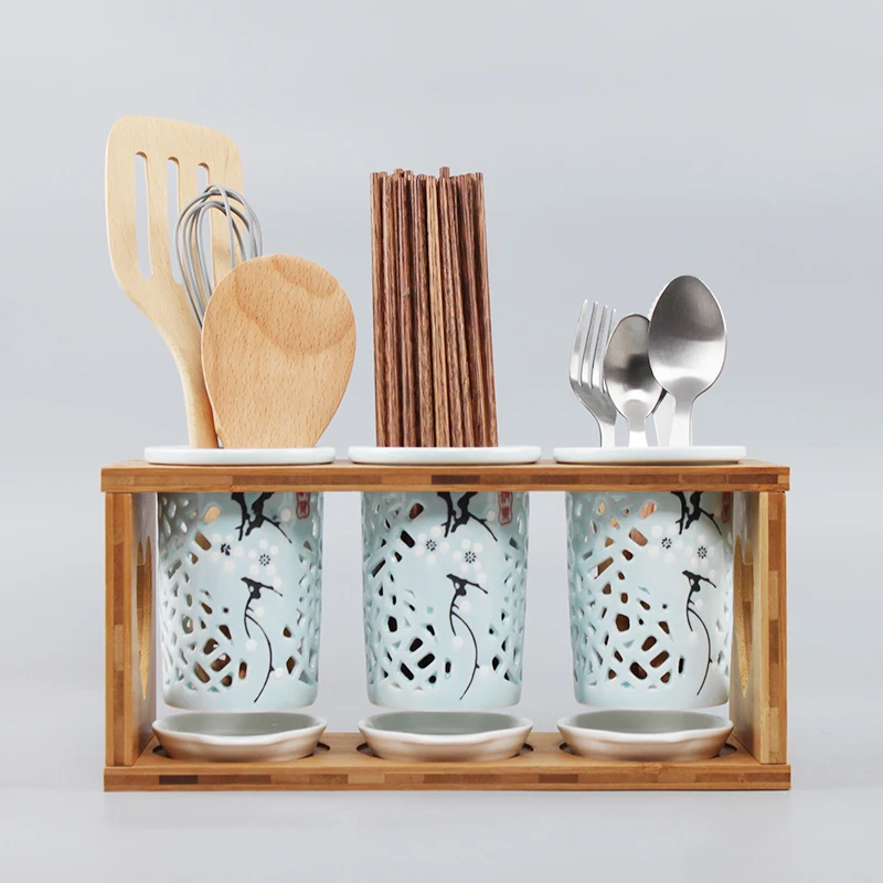 Japanese-style Hollow Ceramic Art Chopsticks Storage Holder Home Tableware Accessories Spoon Fork Knife Cylinder with Wood Shelf | Дом и сад