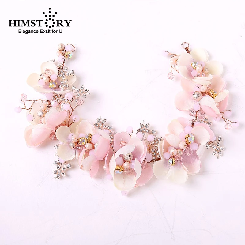 

Pink Flower Bridal Headband Hair Wedding Accessories Pearl Hairpiece Fashion Women Party Hairband Crystal Hair wear