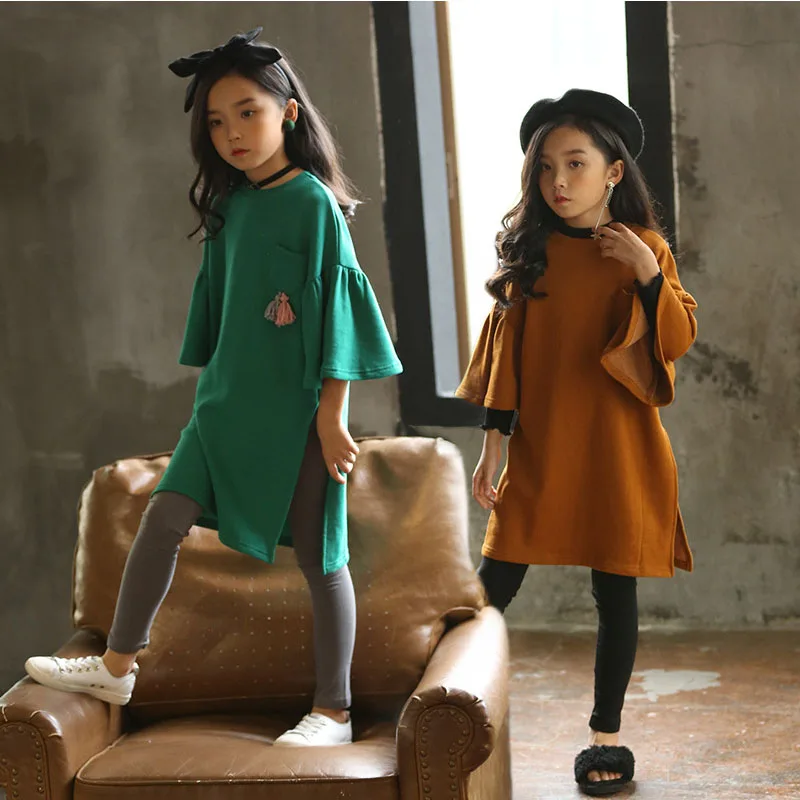 teenage girls long sleeve dresses with pockets autumn spring 2018 brown green sweatshirts hoodies dress baby girl clothes | Детская