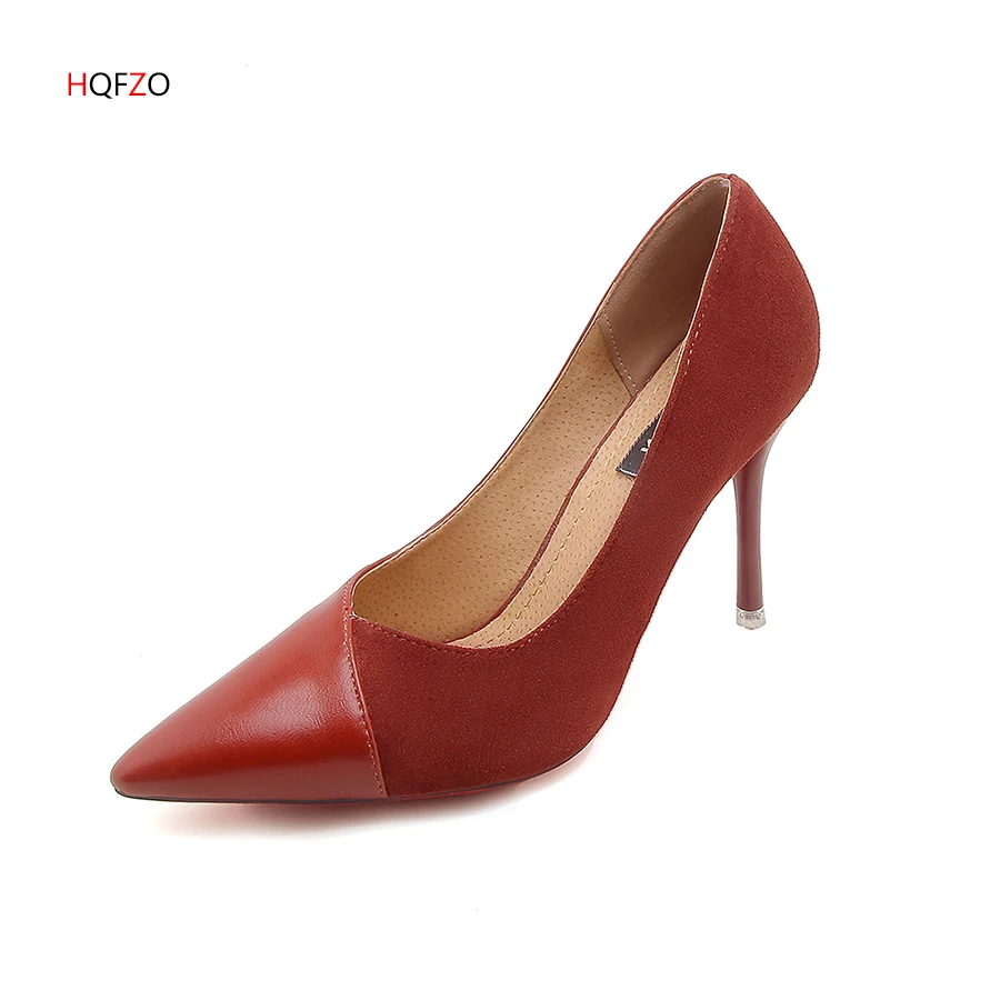 HQFZO мода шпильках каблуки 9 см из флока и PU Slip On мелкой свадебные женские туфли