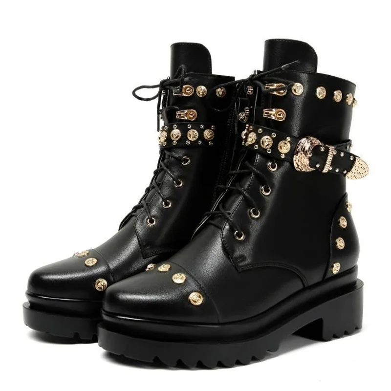 

women real leather ankle boots autumn women motorcycle boots round toe belt buckle fashion rivet boot lady flat heel martin boot