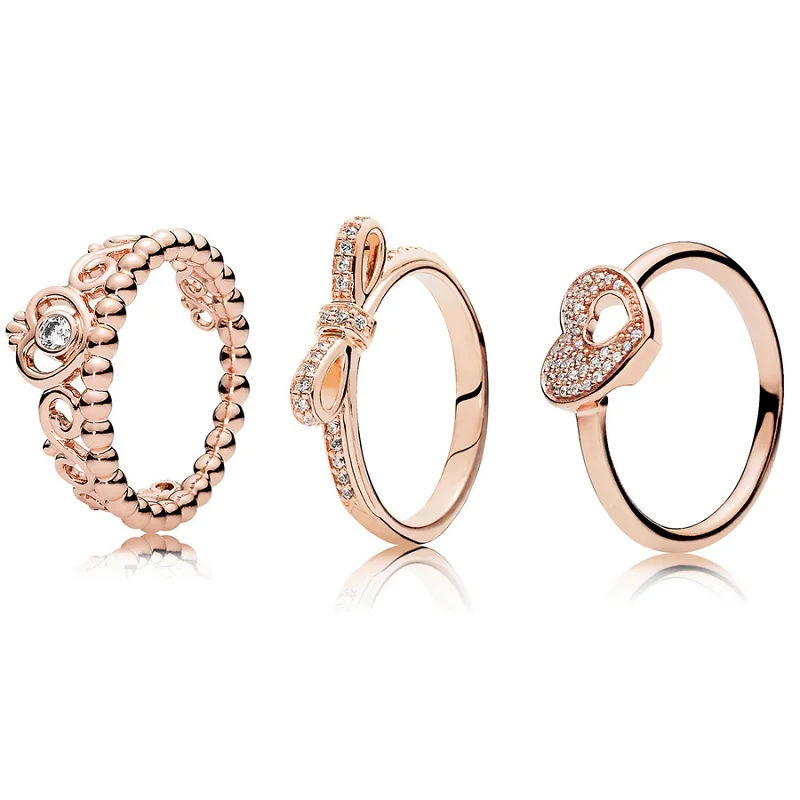 

3 Style 1 Pcs Women Silver Color Rings Jewelry Crown Bowknot Heart Style Rose Gold Color Ring For Women Jewelry
