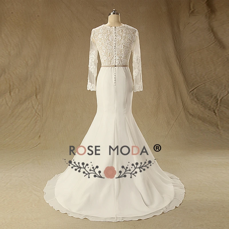 Rose Moda Lace Mermaid Wedding Dress 2019 Long Sleeves Backless Dresses Boho with Gold Belt Real Photos | Свадьбы и торжества