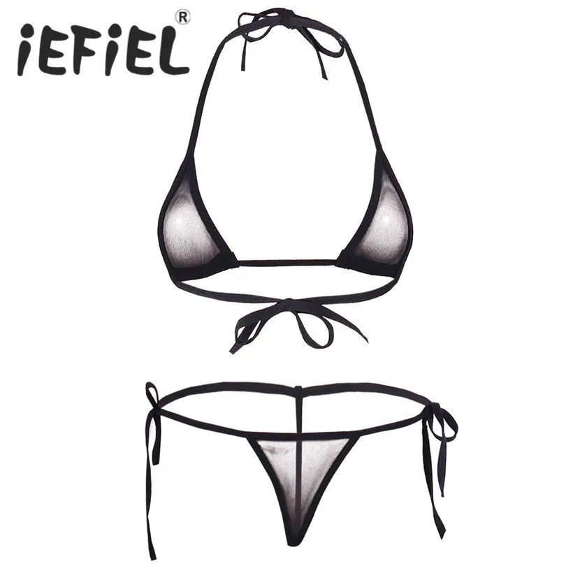 IEFiEL, женское сексуальное нижнее белье, эротический комплект, сетка, Холтер, бикини, топ, бюстгальтер с завязками по бокам, стринги, Пижамный комбинезон, нижнее белье, сексуальный костюм