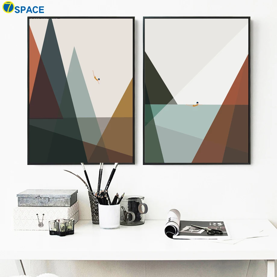 

Cartoon Mountain Sea Swimmer Nordic Posters And Prints Wall Art Canvas Painting Geometric Wall Pictures For Living Room Decor