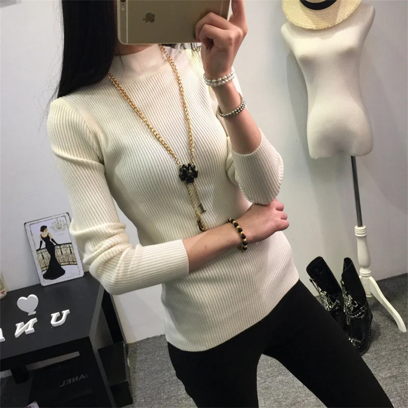 Women Sweater Autumn Winter Knitted Femme Pull High Elasticity Soft Casual Female Pullovers Half Turtleneck Warm Jumper Tops | Женская