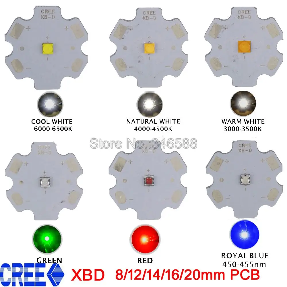 

5x Cree XLamp XB-D XBD Q5 Warm Cold Neutral White Red Royal Blue Green Color 1W 3W High Power LED Emitter on 8/12/14/16/20mm PCB