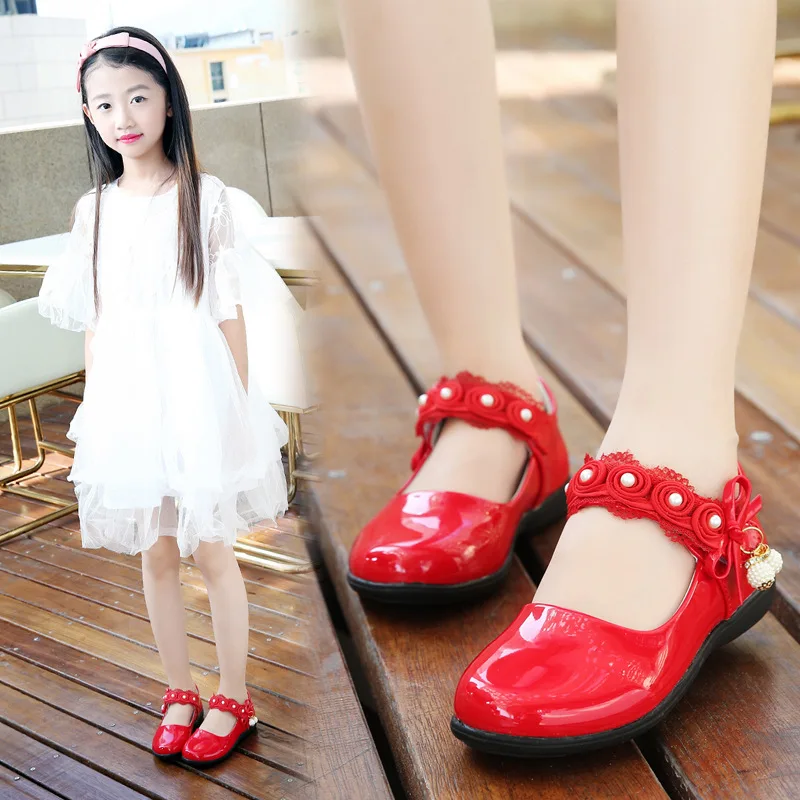 

Girls leather shoes children flowers black pink red dress shoes kids princess students school Performance shoes size 26-36