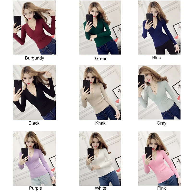 2021 New Sexy Deep V-Neck Ladies Sweater Women's Pullover Casual Slim Bottoming Sweaters Female Elastic Cotton Long Sleeve Tops | Женская