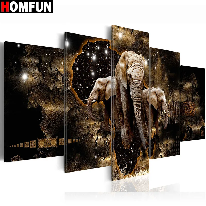 

HOMFUN 5pcs Full Square/Round Drill 5D DIY Diamond Painting "Elephant" Multi-picture Combination Embroidery 5D Decor A14833