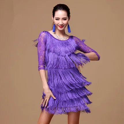 purple Sleeves Платье для латинских танцев для взрослых европейский стиль Дети Женщины Румба Сумба латинская юбка с кисточками для танцев - Цвет: purple Sleeves