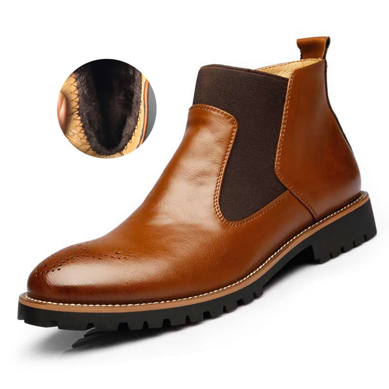 Brown with Fur MRCCS/мужские ботинки «Челси» на меху; сезон зима-весна; Модные ботильоны в британском стиле; Цвет черный, коричневый, красный; броги; Повседневная обувь из мягкой кожи - Цвет: Brown with Fur