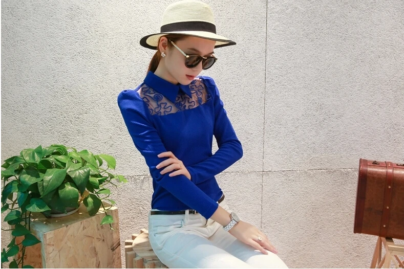 Весна кружева Печатные С Длинным Рукавом Блузка Женщины Turn Down Воротник Рубашки