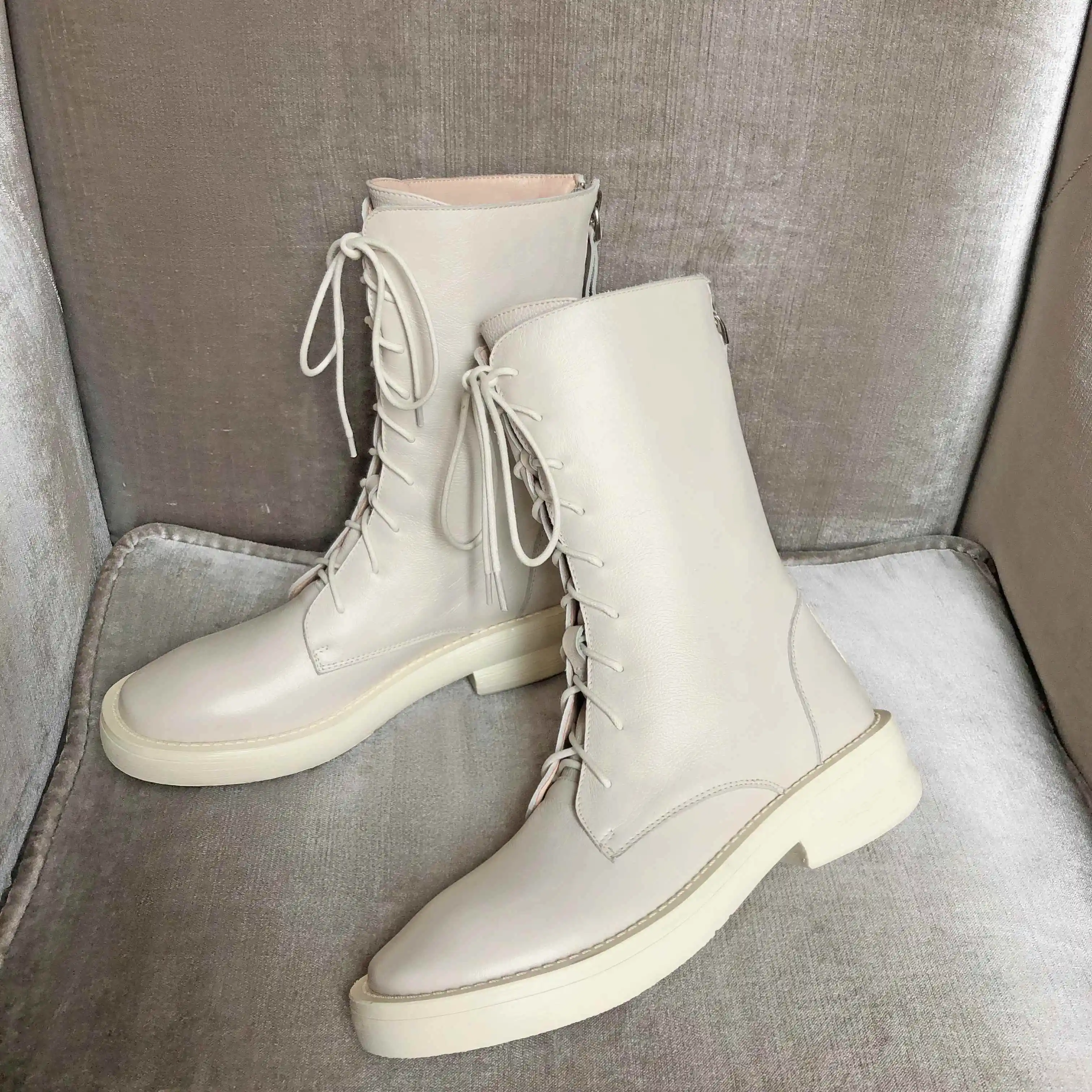 

Krazing pot genuine leather med heels Winter round toe cross-tied lace up keep warm beauty handsome riding mid-calf boots l88