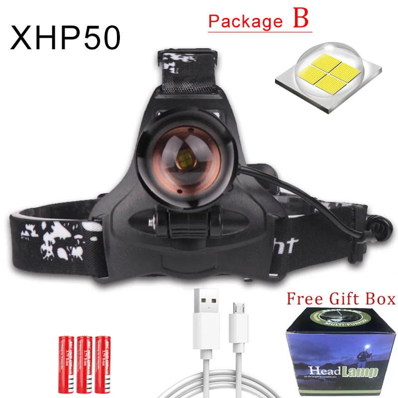 Package B Мощный светодиодный налобный светильник XHP70, масштабируемый налобный фонарь, водонепроницаемый налобный фонарь XHP70 XHP50, налобный светильник, налобный светильник со вспышкой 18650 - Испускаемый цвет: Package B