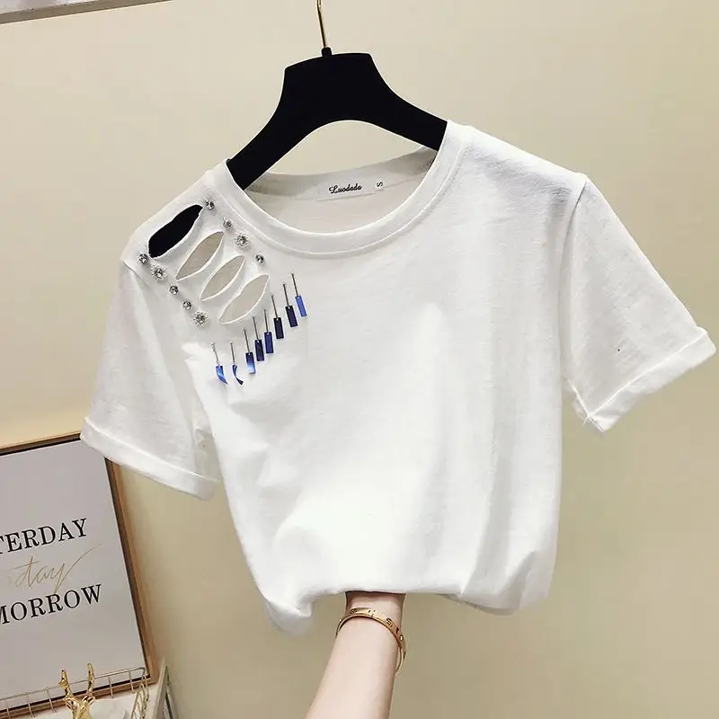 Белый Gkfnmt летняя белая футболка с коротким рукавом, женские топы, модная женская Футболка Harajuku с дырками, Женская Винтажная Футболка Femme - Цвет: Белый