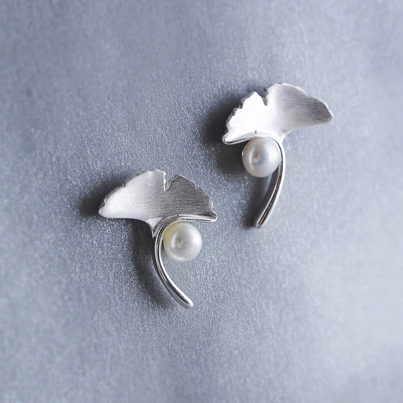925 sv ginkgo элегантные серьги с жемчужиной Женская Сережка-гвоздик pure