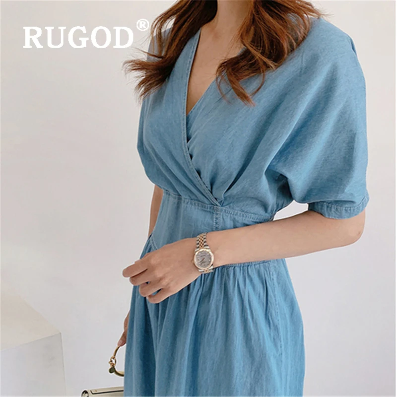 RUGOD корейское тонкое джинсовое женское платье с коротким рукавом и v-образным