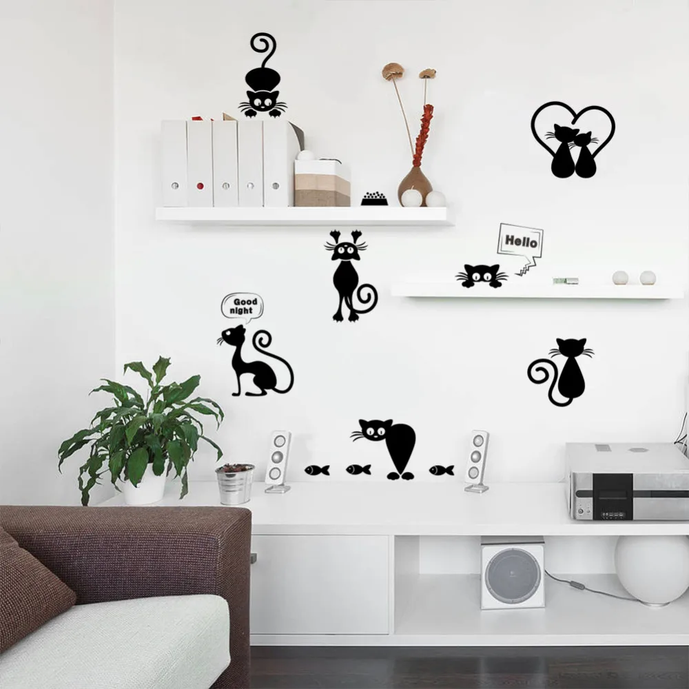 Черный мультфильм котенок детский сад DIY наклейки с ведьмой экологически съемные