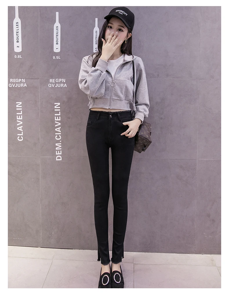 2018 весна осень женские черные джинсы до щиколотки студенческие Стрейчевые