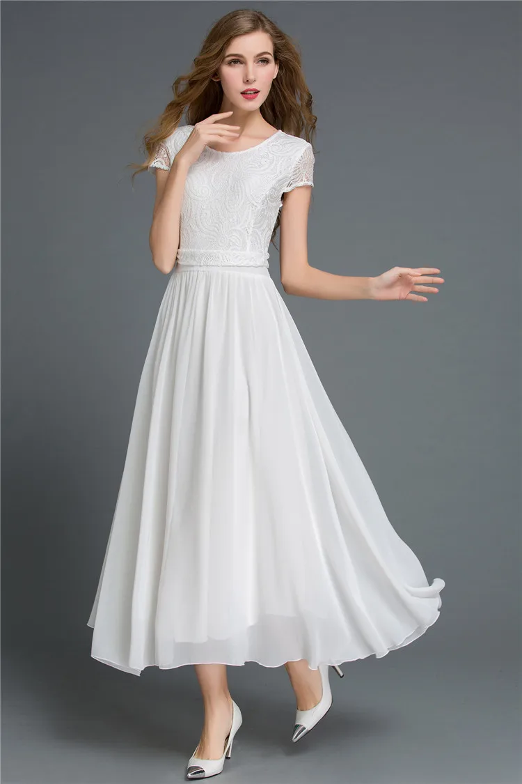 2017 модные милые шифон Сращивание Кружева Круглый воротник с коротким рукавом