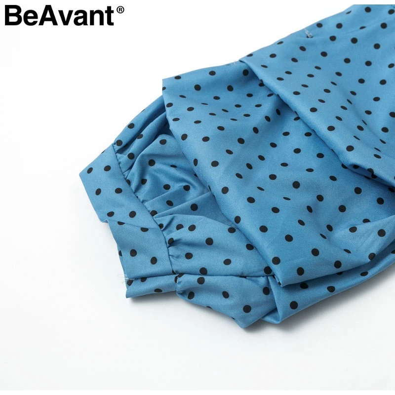BeAvant Сексуальное Женское Платье с v-образным вырезом элегантный в горошек принт фонарь рукав женское вечернее платье осень тонкое дамское винтажное платье средней длины