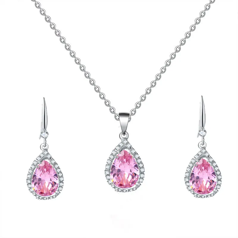 Silver pink Manxiuni, капли воды, кубический цирконий, Свадебные Ювелирные наборы, инкрустация, роскошный кристалл, свадебное ожерелье, серьги, набор, подарки для подружек невесты - Окраска металла: Silver pink