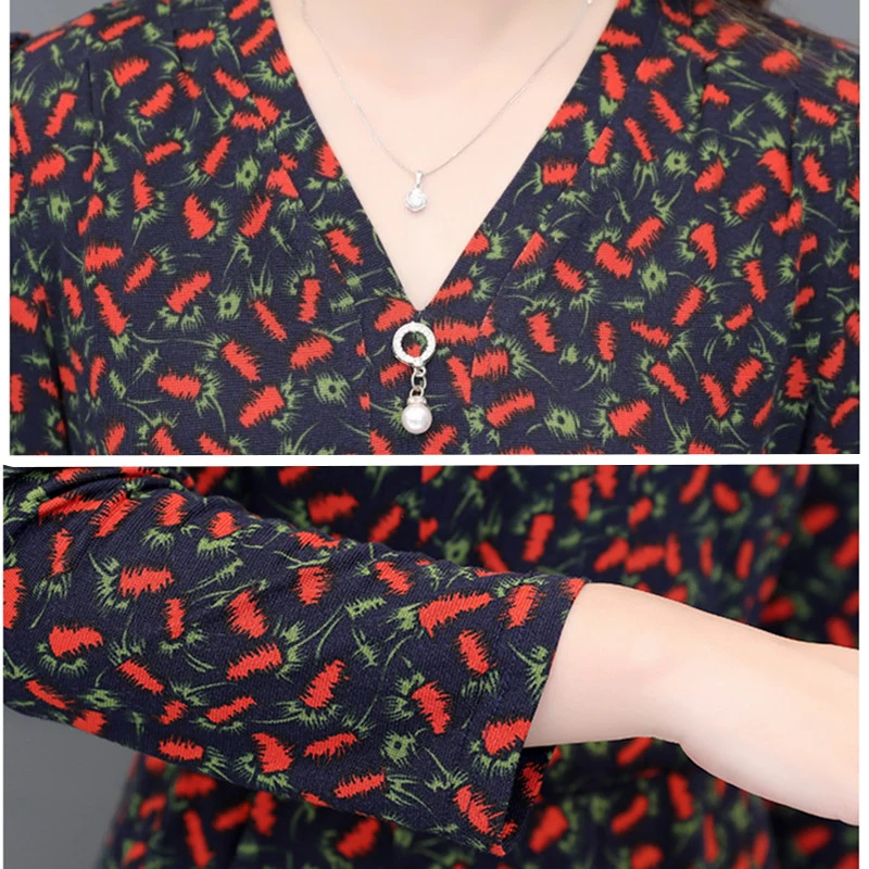 Женское платье миди с цветочным принтом длинным рукавом и V образным