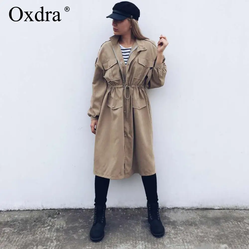 Oxdra женский весенне-осенний Новый однотонный плащ Длинная Верхняя одежда