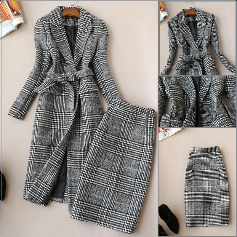 Fashion plaid retro woolen suit autumn and winter new fashion slim long-sleeved tweed plaid coat suit + skirt two-piece