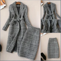 fashion plaid retro woolen suit autumn and winter new fashion slim long sleeved tweed plaid coat suit skirt two piece