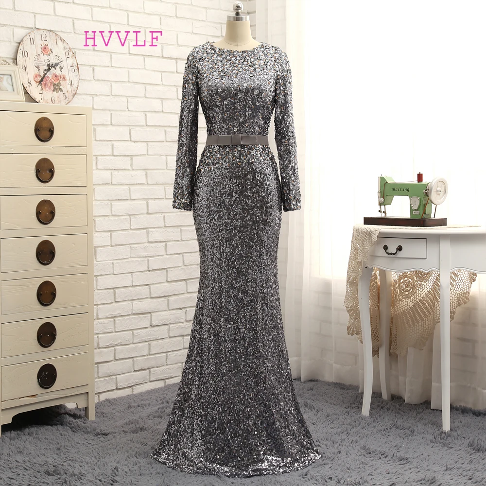 Серое вечернее платье Русалка с длинным рукавом блестящее длинное кристаллами