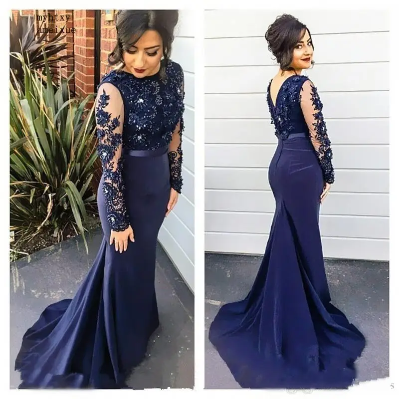 Navy Blue High Neck Lace Mermaid Party Gowns 2020 Long Sleeves Appliqued Cheap Evening Dresses Prom Dreses | Свадьбы и торжества