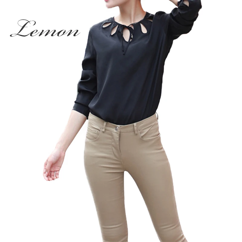 Lemon Hot 2018 Autumn Women Black Casual Design Chiffon Fashion Elegant Full Solid O-Neck Shirt For Lady |