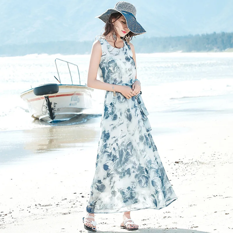 Summer Floral Print Boho Beach Dress Women Long Maxi Sleeveless Party Lace Up Vintage Vestidos S-2XL | Женская одежда