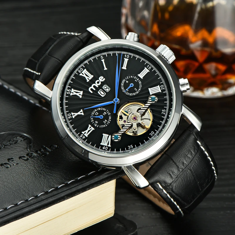 Новинка 2017 года MCE фирменные Для мужчин часы Гент Черный Tourbillon Дата Винтаж