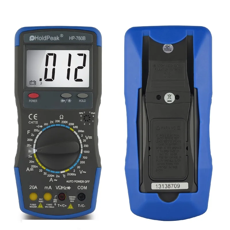 Multimetro HoldPeak HP-760B Digital Multimeter Meter Measuring AC/DC Voltage Current Resistance Capacitance hFE with Carry Bag |