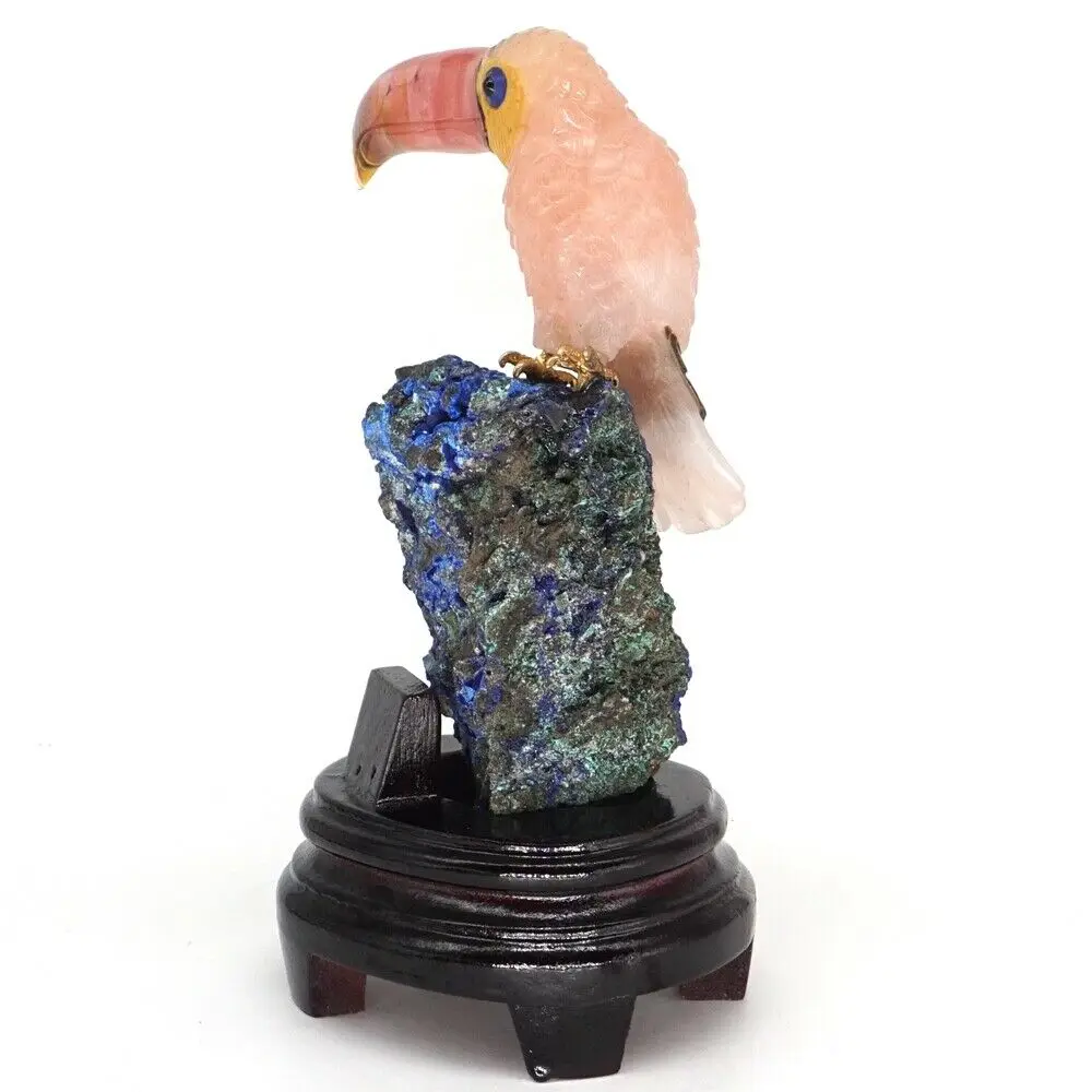 Фигурка Toucan натуральный драгоценный камень розовый кварц Азурит статуя