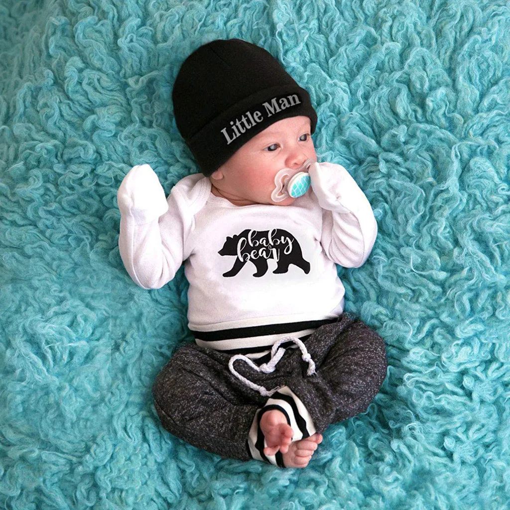 Kids Clothes Newborn Baby Boy Girl Letter Print Romper+Pants+Hat 3PCS Outfits Set Bebek Giyim | Детская одежда и обувь