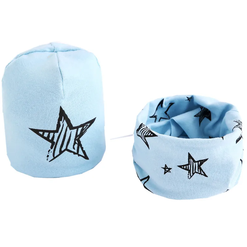 light blue star Новые Хлопковые плюшевые шапки для девочек с шарфом Фрукты Сова-овца Звезды Львиная шапочка для мальчиков Детская шапка с шарфом и воротником Комплект хлопчатобумажной шапки для детей - Цвет: light blue star