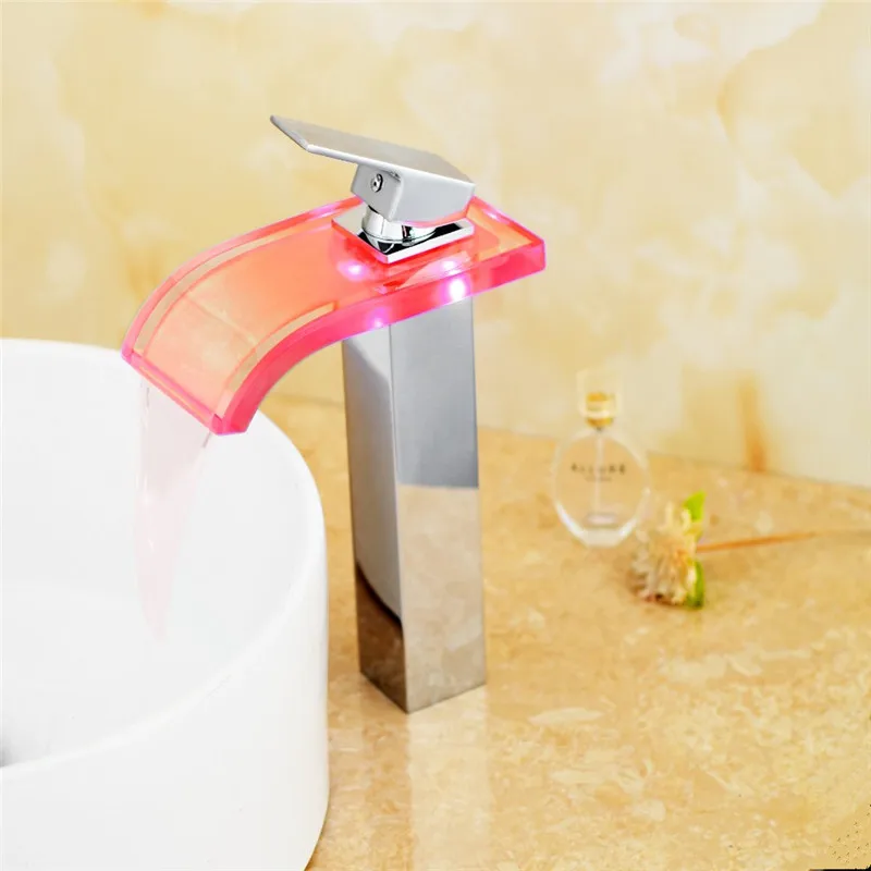 Светодиодный смеситель Водопад для ванной комнаты раковины стеклянный в комнате