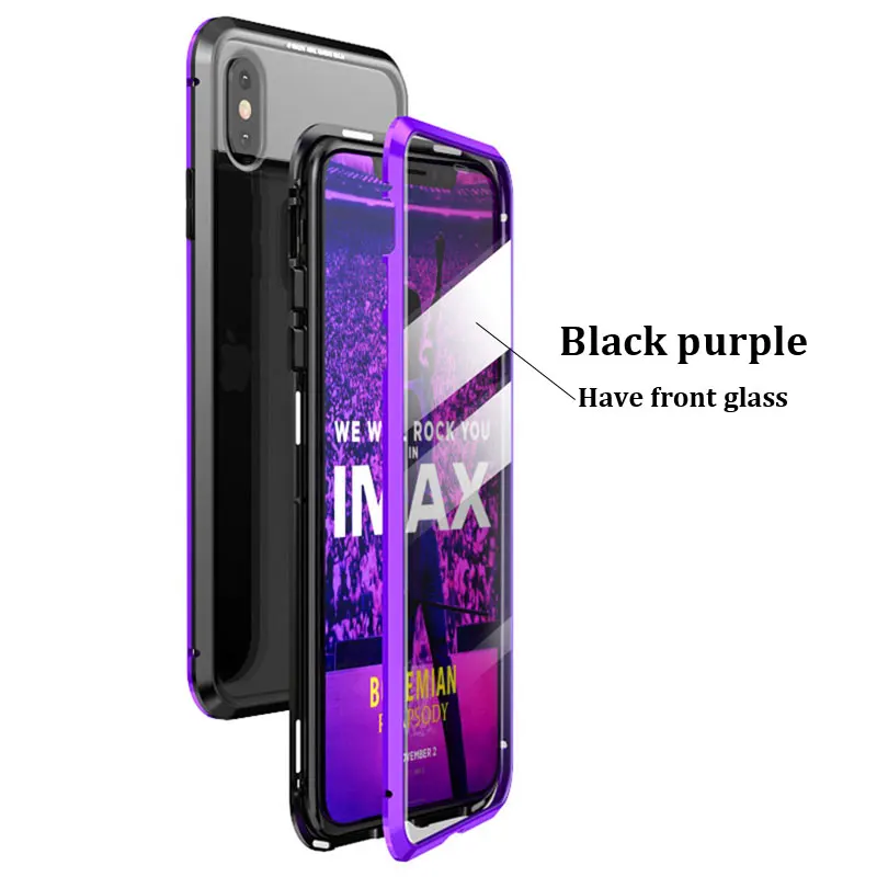 Передний Задний стеклянный чехол для iPhone11 Pro max чехол Магнитный 360 Полный корпус защитный Алюминиевый металлический каркас Забавный Чехол Для iPho - Цвет: Black purple