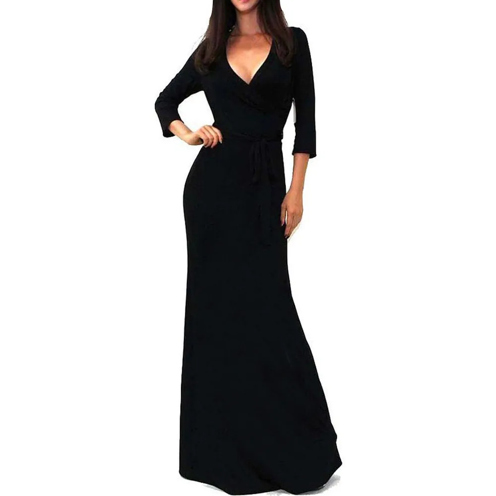 Осеннее/зимнее женское платье Черное вечернее в пол с треугольным вырезом и