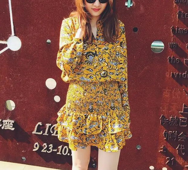 yellow top and skirt Фиолетовый цветочный принт Топ блузка рубашка спереди buttonedдлинные рукава матч Короткие гофрированная юбка высокая смоченная Талия комплект из 2 предметов - Цвет: yellow top and skirt